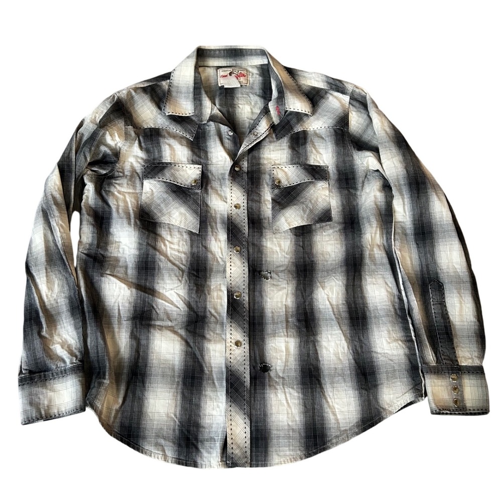Vintage 70/80s Wrangler Western Snap Button Plaid Cowboy Shirt Distressed M READ